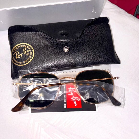 Ray-Ban Hexagonal Sunglasses Green Lenses Gold Metal Frame Adjustable Nosepads - Picture 4 of 11